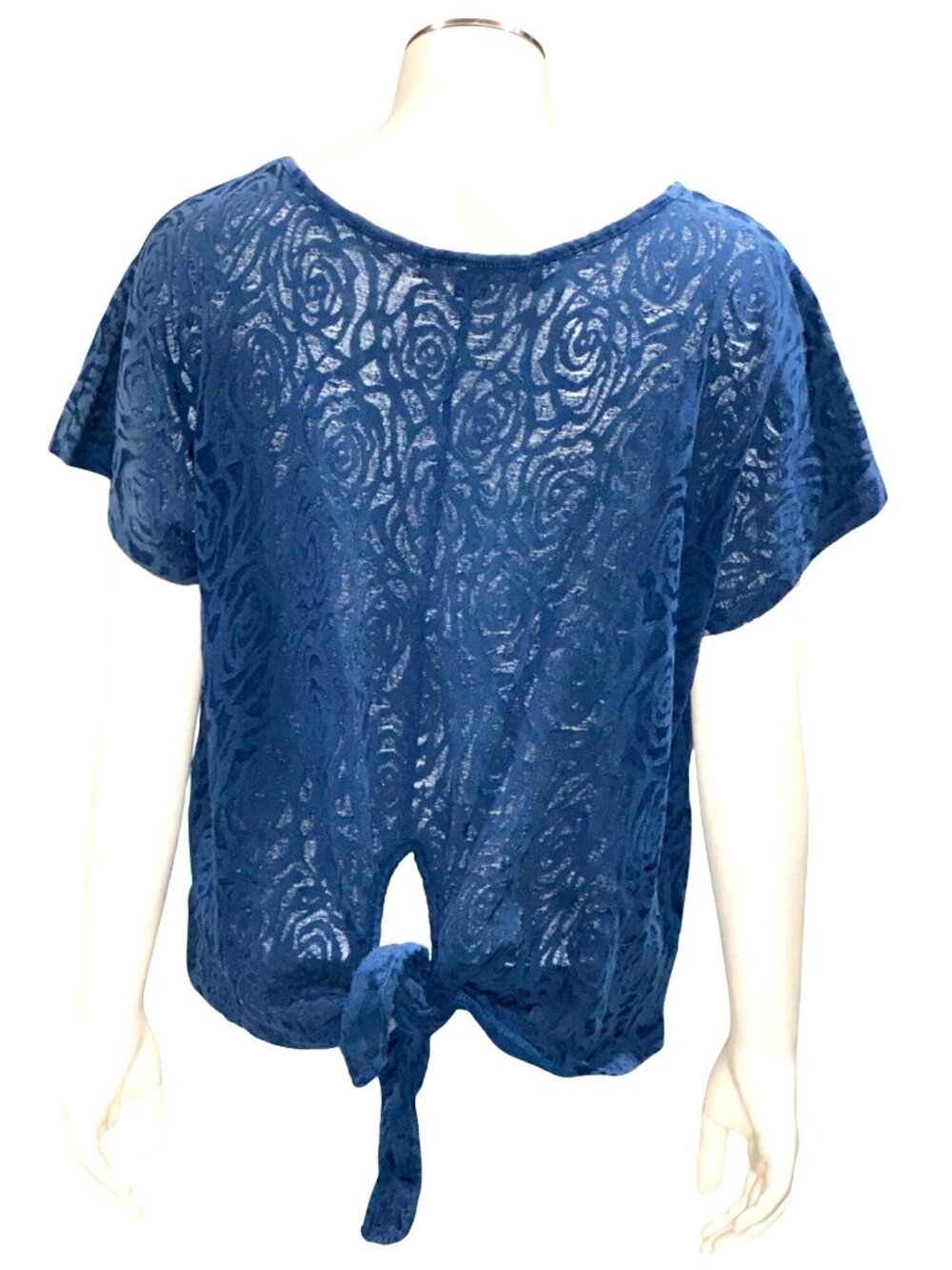 Forever 21 Large Blue Burnout Rose Tie Back Short Sleeve Top Casual Feminine Y2K - Picture 4 of 12